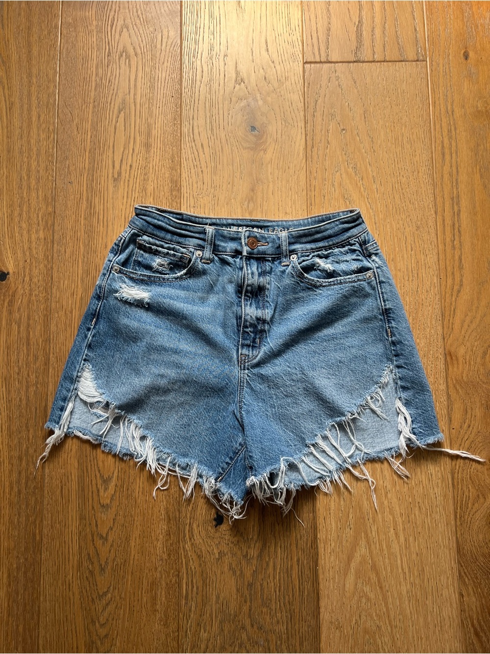 American Eagle High-Waist Distressed Denim Shorts - Light Blue